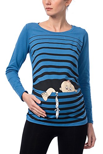 Baby Flucht - Witzige süße Umstandsmode T-Shirt mit Motiv Schwangerschaft, Langarm (M, Blau) Cover