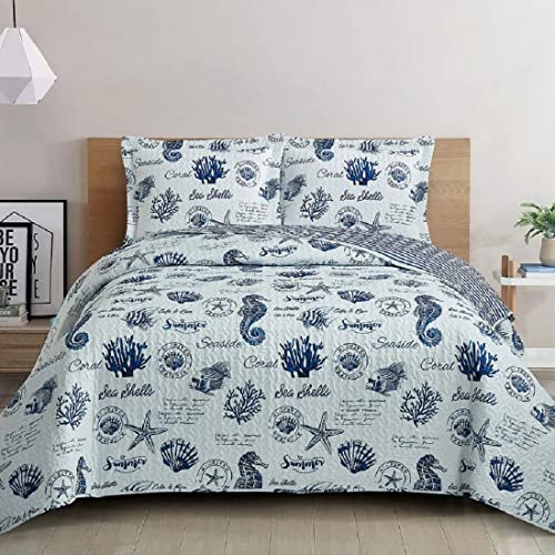 Royal Tradition Seaside Sea Shells Reversible Coverlets, California King Over-Sized 3pc Quilt Set (110-Inch Wide x 96-Inch Long) Lightweight Bedspread - Image 5