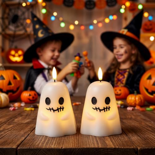 Image of Halloween Spooky Ghost Flameless Candles Battery Operated with Timer | White, Real Wax 3D Wick Flickering, 6H Timer, LED Light, Spooky Halloween Indoor Decor & Gift, 3.5 inch x 5.5 inch, 2 pack