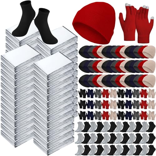 Jamntower Thermal Blankets Set 50 Thermal Warm Socks 50 Winter Touchscreen Gloves 50 Winter Beanie Hats 50 Reflective Blankets for Cold Outdoor Camping for Men Women