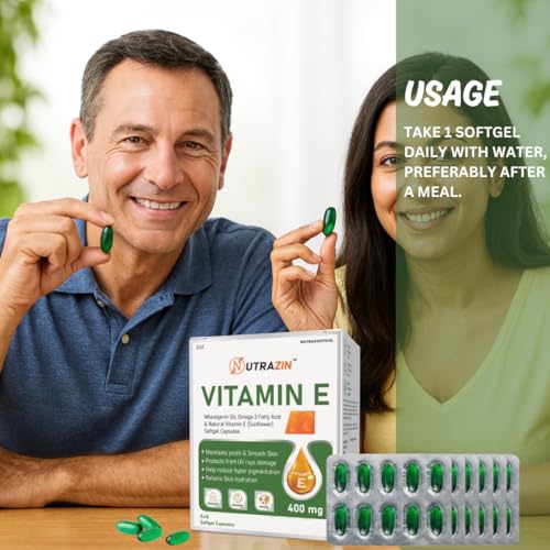 Image of Vitamin E 400 mg Capsules with Wheatgerm Oil & Omega 3 | Vitamin E Capsules for Face and Hair | Antioxidant Support | 50 Softgels