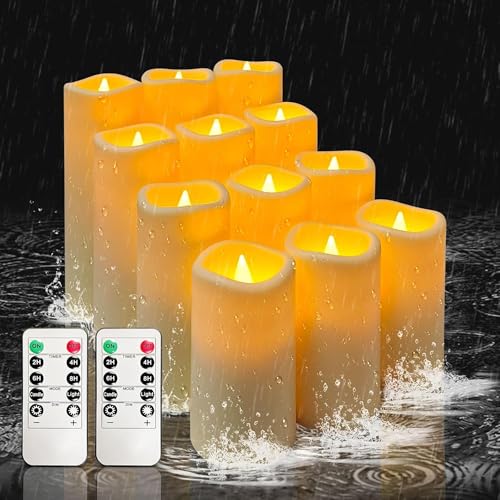 VETOUR Velas LED sem chama de 12 unidades, resistentes à água, funcionam a pilhas, para exteriores, com controlo remoto com temporizador para varandas, lanternas exteriores, interiores,