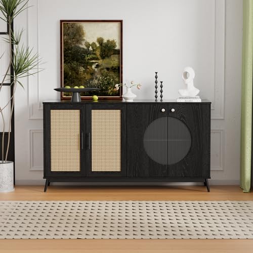 Merax Rattan Sideboard Kommode Wohnzimmer mit 2 Rattantür&Glastüren,...