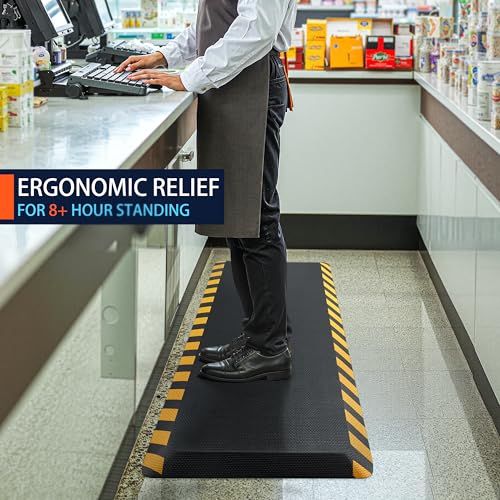 Image of FEATOL Anti Fatigue Mat Industrial, Ergonomic Standing Floor Mat for Work for Stand, Safety Support for Leg & Back Pain(Yellow Border, 24 inch x 36 inch, 2PC)