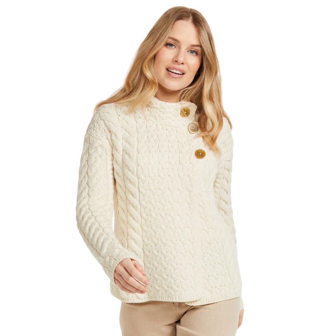 Aran Woollen Mills Womens Irish Cable Knitted Cardigan 100 Supersoft Merino Wool Asymmetrical Design with Corozo Buttons