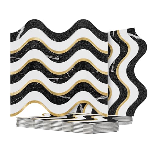 Vamos Tile 10-Sheet Peel and Stick Backsplash Seamless Tile,Stick on Backsplash for Kitchen and Bathroom, Black Marble Look+ Pure White PVC Mixed Metal Gold Self Adhesive Wall Tiles