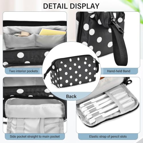 Image of Fisyme White Polka Dot Black Pencil Case Large Capacity Pen Bags Box Big Makeup Pouch Organizer