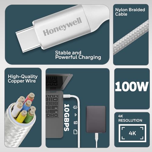 Image of Honeywell Type C to Type C USB 3.1 Cable, 4 Feet (1.2M), Max Output 5A 100W, QC 3.0, Fast Charge, Compatible with Apple Devices, Smartphones, Laptops, Power Banks, Tablets, Headphones, Speakers White