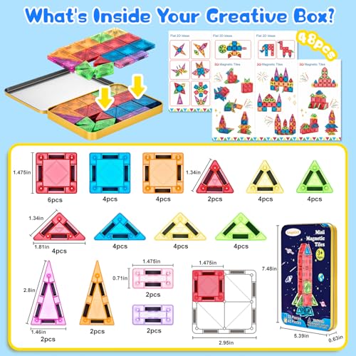 Image of Magnetic Tiles Magnetic Blocks Building Toy: Portable Mini Magnetic Tiles Travel Set 48 Pieces Montessori Toys Birthday Gift for Kids Girls and Boys Ages 3-12 Years Old Preschool Classroom Must Haves