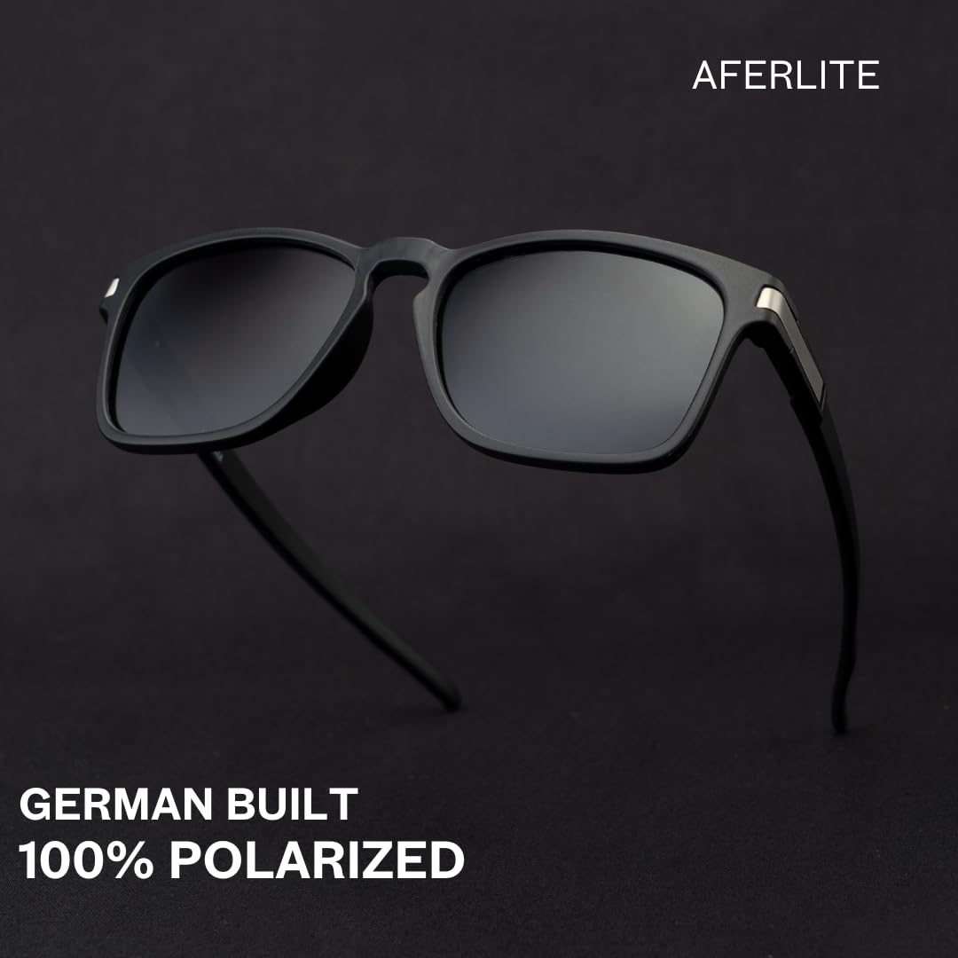 Aferlite Unisex Polarized TAC Resin Lens | 100% UV Protection | Retro Square | TR 90 Unbreakable Frame | Medium (Matt Black | Black) 1