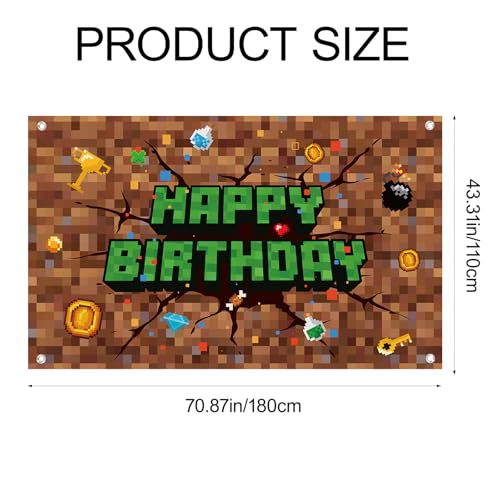 Image of Pixel Birthday Decorations, 70.87x43.31in /180x110cm Happy Birthday Banner Backdrop for Mining Party Decoration & Pixel Themed Celebration Kids Boys Game Party Supplies