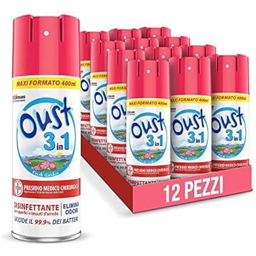 Oust 3 in 1 Spray Disinfettante 400 ml, Fragranza Fresh Garden, per Superfici e Tessuti, Uccide il 99,9% dei Batteri, 12 unità da 400 ml