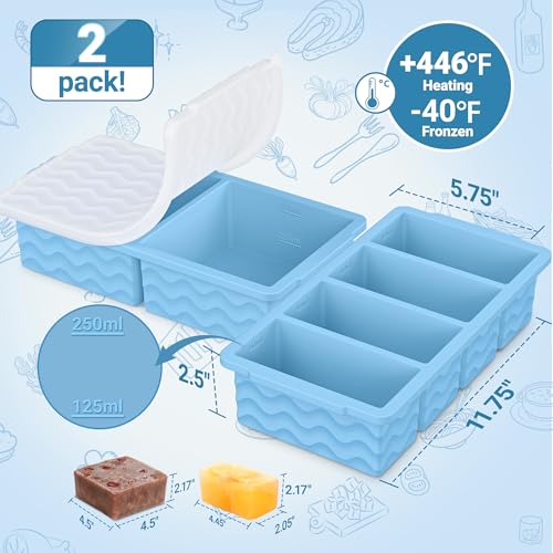 Image of Silicone Freezer Trays with Lid for Soup, 1-Cup & 2-Cup Large Ice Cube Molds Food Storage Containers for Meal Prep, Freeze 500mL /250mL /125mL Portions - 2 Pack