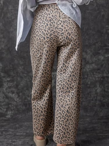 Women's Drawstring Straight Leg Jeans Elastic High Waisted Leopard Printed Wide Leg Denim Pants2