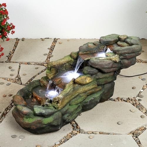 Image of SunJet Cascading Rock Outdoor Water Fountain with LED Lights - 39 inch Length Resin Stone Look Garden Waterfall Fountain, Freestanding Floor Fountain with UL Certified Pump for Patio Backyard Yard Decor