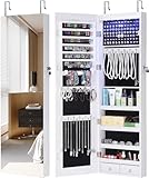 GISSAR Full Length Mirror Jewelry Cabinet, 6 LEDs Jewelry Armoire Wall Mounted Over The Door Hanging, Jewelry Organizer Storage with Lights Lockable White