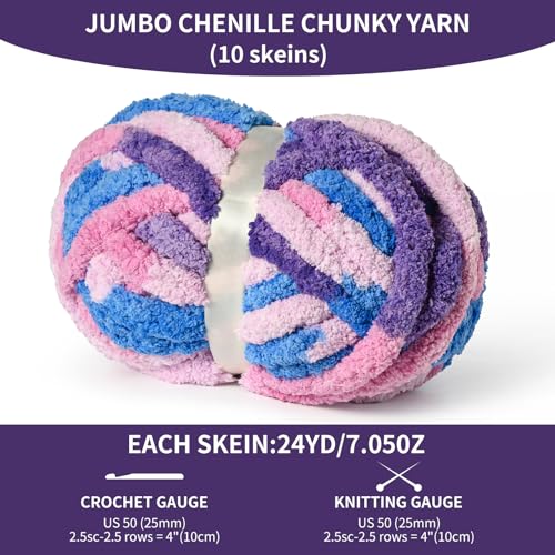 Image of 10 Pack Jumbo Chunky Yarn for Hand Knitting, Fluffy Variegated Chunky Chenille Yarn for Crocheting, 240yds /70.5oz Super Bulky Soft Crochet Baby Blanket Yarn(Blue-Pink-Purple)