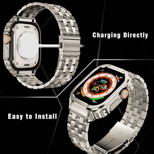 Image of SUPLINK Stainless Steel Case with Bands Compatible with Apple Watch Ultra 2 Band / 1 / Apple Watch Ultra 3 Band 49mm, Metal Rugged Protective Bumper Adjustable Strap for iWatch Bands Men(Titanium Color)