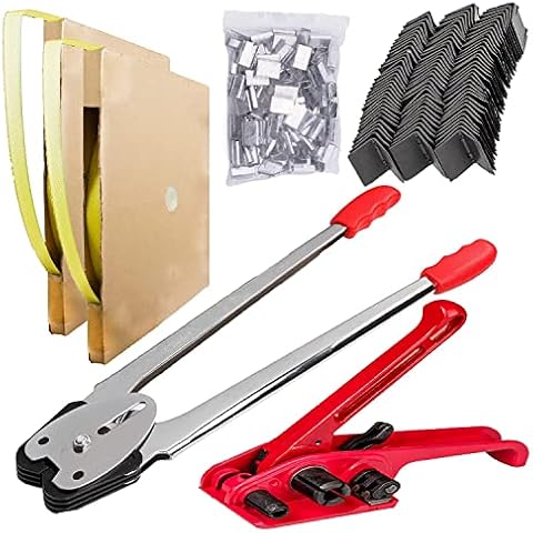 Manuelle Umreifungsset PET/PP-Umreifung Verpackungsmaschine Verpackungswerkzeug für 12-16 mm Umreifung,incl 200 m Spannriemen,100 Clips,100 Eckschutz Cover