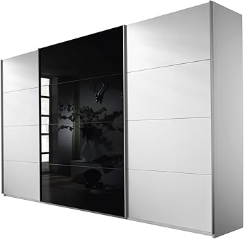 Furnilife Wardrobe with 3 Sliding Doors for Bedroom - Modern Wardrobe with Black Glass Alpine, Shelves -White Color(WxHxD): 315x230x62 cm, Suitable for Bedroom, Laundry Room, Closet, Garage,