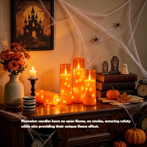 Image of Sasigeiaa Flameless Candles with Embedded Star String - Battery Operated LED Candles, with Remote,7 Orange Flickering Candles for Christmas, Weddings, Home Decor & Party,(D 2.3 inchxH 5 inch 6 inch 7 inch)