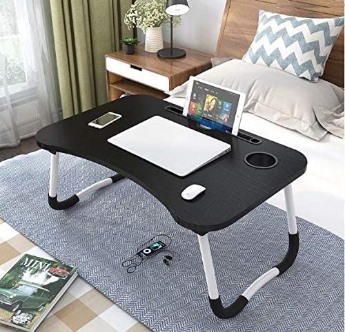 Homes Element Multi-Purpose Laptop Table with Dock Stand Study Table Bed Table Foldable and Portable Ergonomic Rounded Edges Non-Slip Legs Engineered Wood with Cup Holder Tablet Mobile Holder. Black