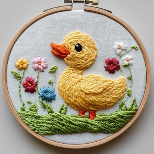 DIY Punch Needle Kits for Beginners Little Cute Duck and Flowers with Hoop Embroidery Punch Needle Starter Set Easy for Adults and Kids Festival Gift and Decor 20x20cm-1