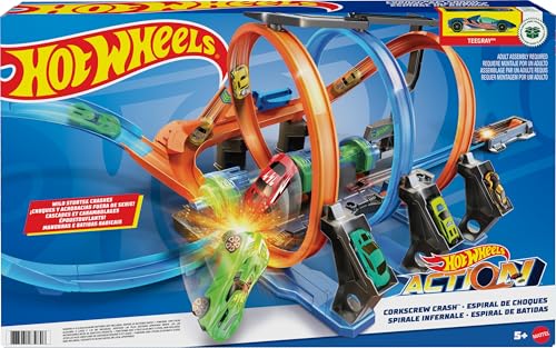 Image of Hot Wheels Track Set and Toy Car, Large-Scale Motorized Track with 3 Corkscrew Loops, 3 Crash Zones and Toy Storage (Amazon Exclusive)