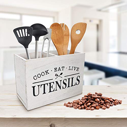 Karisky Solid Wood Kitchen Utensil Holder with 2 Compartments, Large Rustic Farmhouse Utensil Set for Countertop 9.45 x 6.69 x 4.72 Inch, White
