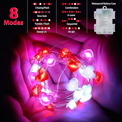 Valentines Decor 10FT 30 LED Valentine's Lights with Timer, Red Pink White Heart Lights String Battery Operated, 8 Modes Valentines Decorations Heart Fairy Lights Romantic Decor Home Bedroom