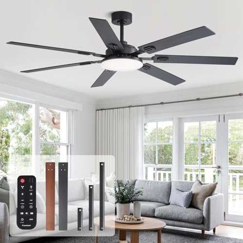 Image of 64 Inch Ceiling Fans with Lights and Remote, Bedroom Living Room Office Library Cafe Outdoor Industrial, 5CCT Dimmable, Dual Color 7 Blades, 6 Speed Reversible Quiet DC Motor, Black /Wood Grain