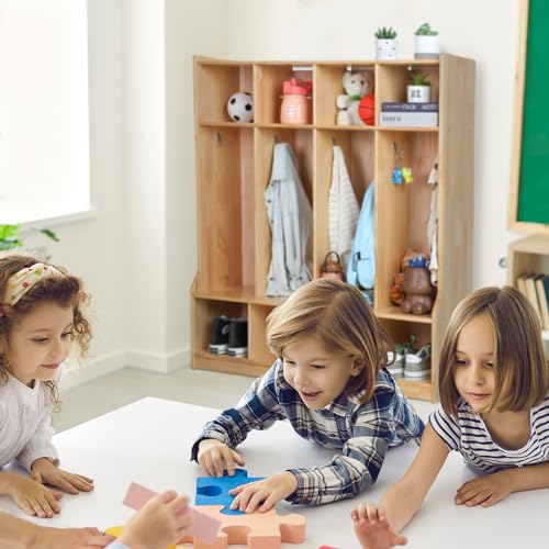Image of Colingmill 4 Section Coat Locker with Bench Daycare Cubbies for Classrooms Natural Pine Finish Wooden Backpack Cubby Storage Organizer with Hooks for Daycare Classroom and Home