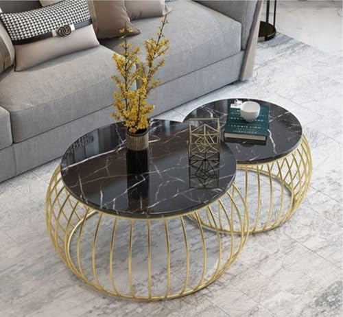 Image of Modern Coffee Tables Round Marble Laminated Tables Set of 2, Stacking Couch Center Table with Golden Metal Frame for Living Room, Bedroom or Apartments (Golden Black)
