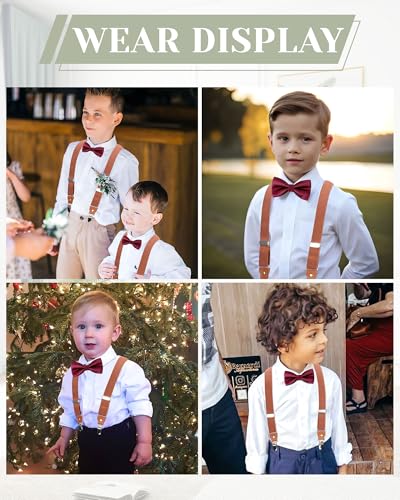 WELROG Child Kids Suspender Bowtie Sets - Y Shape Adjustable Suspender with Silk Bowties Gift Idea for Boys and Girls （Brown + Burgundy bowtie） - Thumbnail 2