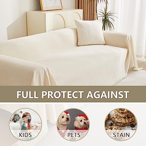 Mysky Home Boho Couch Cover Beige Sofa Covers With White Tassel Farmhouse Sofa Slipcover Simple Couch Protector For Dogs Chenille Sectional Couch Covers L Shaped Couch Cushion Covers thumb #3
