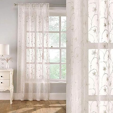 Supplied by Maple Textiles CREAM EMBROIDERED SILVER SEQUIN SPARKLE Floral Design Linen Look Voile Net Curtain Panel Slot Top Heading 55" x 72" Cover