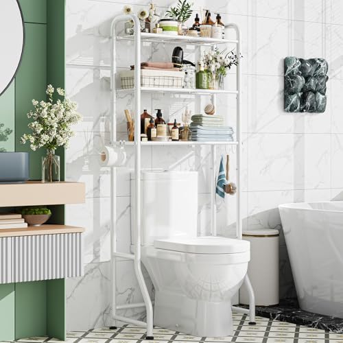 Simple Trending Over The Toilet Storage Rack, Metal 3 Tier Bathroom Organizer Shelf with Paper Holder and 3 Hooks, Freestanding Shelf Space Saver Above Toilet, White
