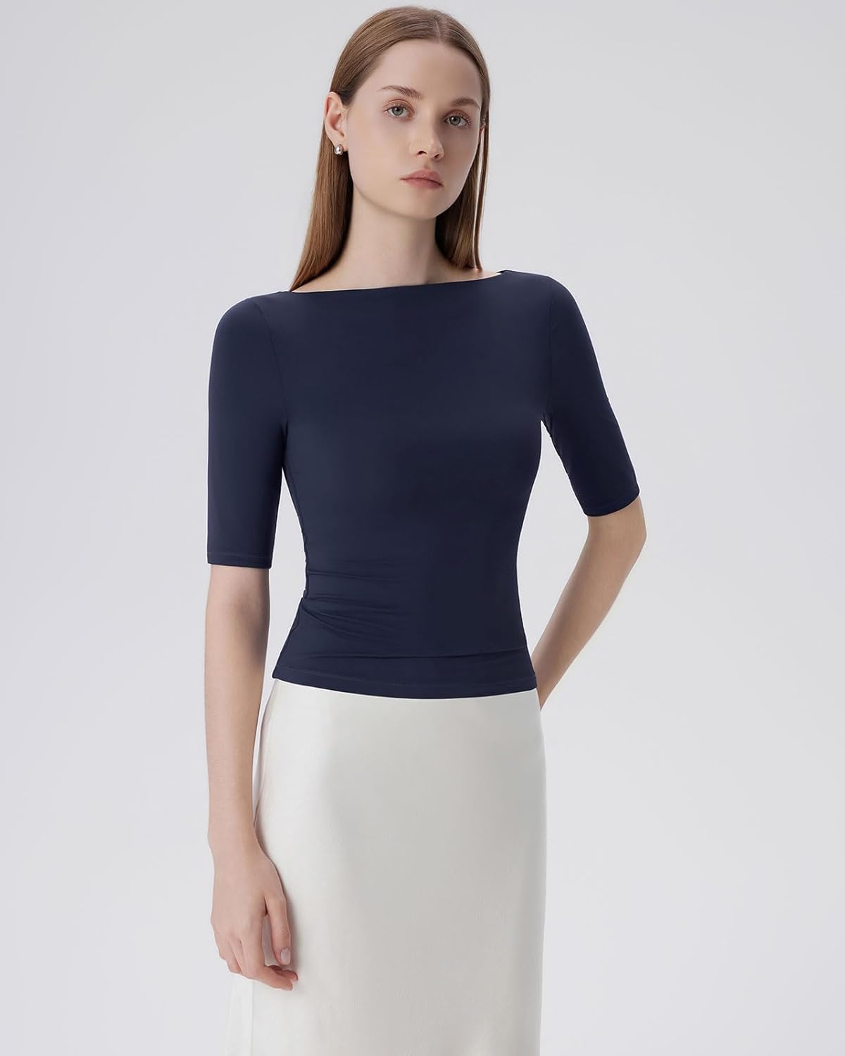 SUUKSESS Women Double Lined Half Sleeve Boat Neck Tops Tight Fitted Shirts - Image 3