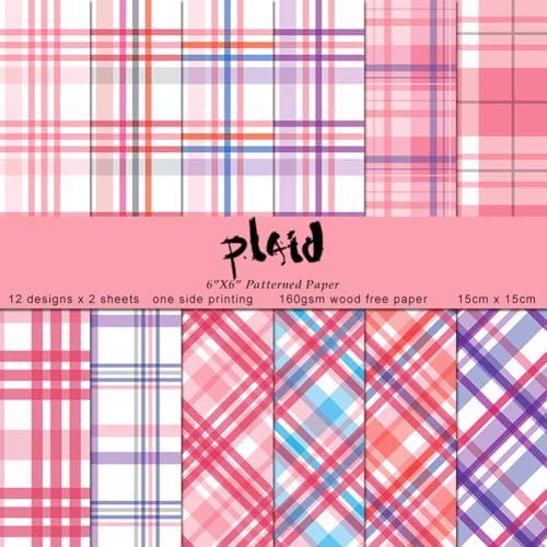 BEAMARKER 48 Sheets Pastel Plaid Pattern Paper 5.91x5.91in 12 Styles Pink Patterned Square Decorative Handmade Craft Paper for DIY Origami Card Making Scrapbook Photo Album Gift Wrapping
