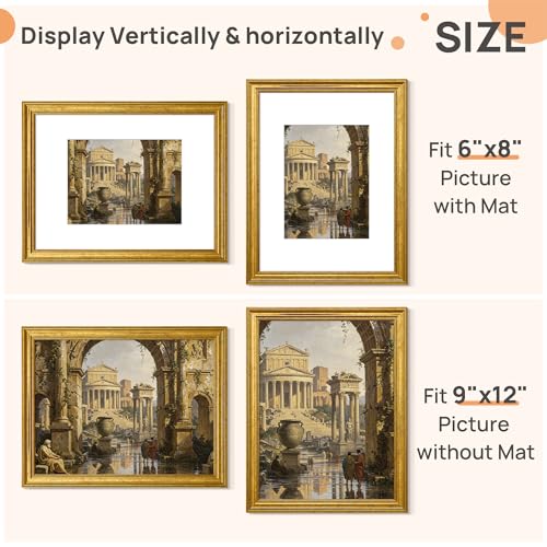 Image of upsimples 9x12 Picture Frame, Vintage Frames Decor, 1Pack Gold | Fit 6x8 and 9 x 12 Photo, Wall or Tabletop Display, Antique-style Decoration, Rustic Farmhouse Decor, For Weddings
