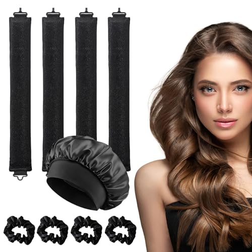 4 Stück Heatless Hair Curler Satin Heatless Curling Rods Heatless Curls Blowout Rods with Satin Silk Bonnet + 4 Hair Ties No Heat Over Night Blowout Rods for All Hair Types Sleep DIY