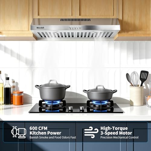 Image of 30 Inch Under Cabinet Range Hood, kitchen hood ductless 600CFM | Dual Motor Stainless Steel, 3‑Speed Fan,Convertible Ducted /Ductless,2 LED Lights,Baffle Filters,Top & Rear Vent