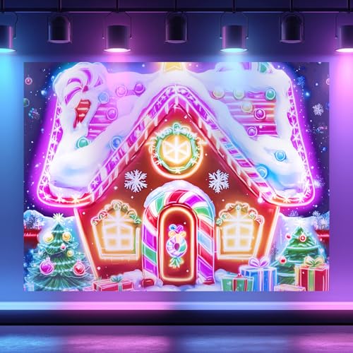 BlissYard Gingerbread House Christmas Blacklight Tapestry Neon Glow in the Dark Candy Tree Gift UV Reactive Holiday Wall Hanging for Bedroom Living Room Kids Party Decor 78x59 Inch