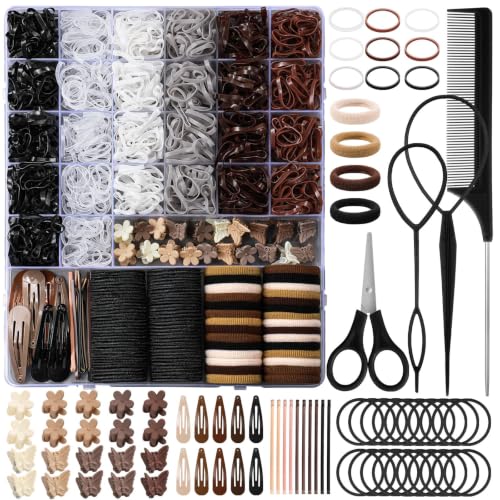 Brown Hair Accessories for Girls, 2194 Pcs Neutral Color Elastic Hair Ties Set with Rubber Bands Baby Hair Clips Bobby Pins Hair Styling Tools Hair Tie Cutter Hair Stuff for Toddler Kids