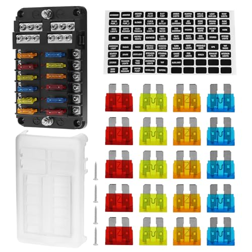 QWORK - QWORK 12-Way Fuse Box, DC 12-32V, 12 Circuits, LED Indicators, Fuse Holder, Protective Cover, Assorted Fuses, Labels, Mounting Screws, Ideal for Cars, Boats, Trucks