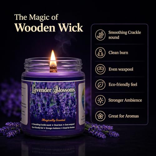 Image of Scented Candle (142g) | Lavender Blossoms Glass Jar Scented Candles with Wooden Wick | Long Lasting Aromatic Fragrance for Home Decor
