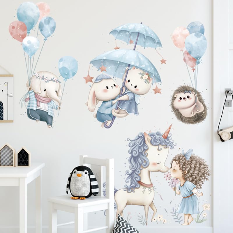 Image of Adorable Wall Sticker of Unicorn Princess Animals and Balloons Kids and Baby Room Decoration Wall Decals Decorative Wall Decor