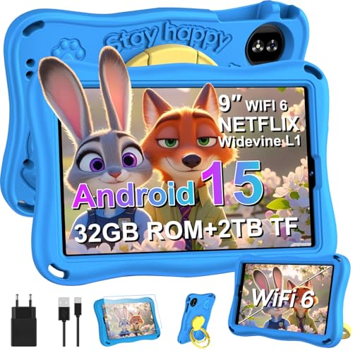 SUAAT Android 15 Kinder Tablet, 9 Zoll HD Display Kids Tablet, 12 + 32 GB(2TB TF), WiFi 5G, iWAWA, Widevine L1, GMS, 5MP+8MP, OTG,AI, Cast, 5000mAh, Elternkontrolle, mit Eva Schutzhülle –Blau