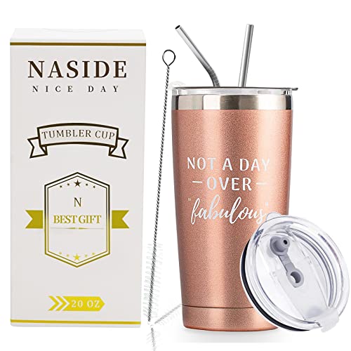NASIDE Not A Day Over Fabulous,20 Oz Stainless Steel Insulated Tumbler mugs with Lid Straw 21st 30th 40th 50th 60th 65th 70th birthday gifts for women Grandma Woman Mom Best Friend ideas Rose Gold