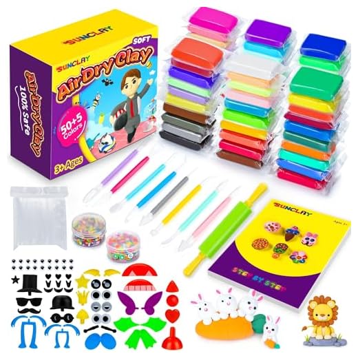 SUNCLAY Arcilla Polimerica Secado al Aire - 55 Colores con 80 Páginas Tutorial 9 Herramientas Plastilina 5 Accesorios, Pasta Modelar para Niños Niñas 3 4 5 6 7 8-12 Años